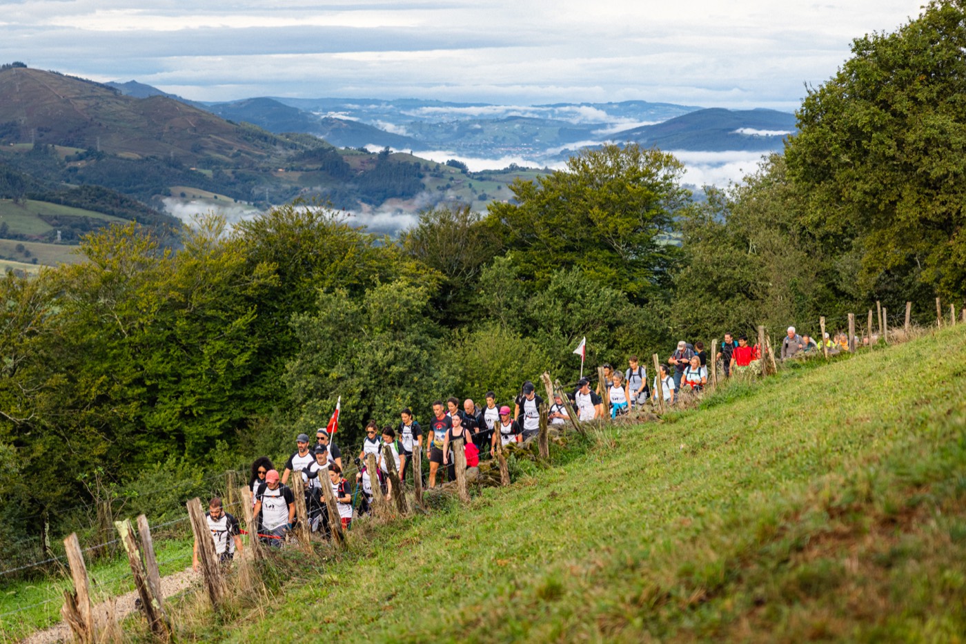 Fila de senderistas por una ladera verde